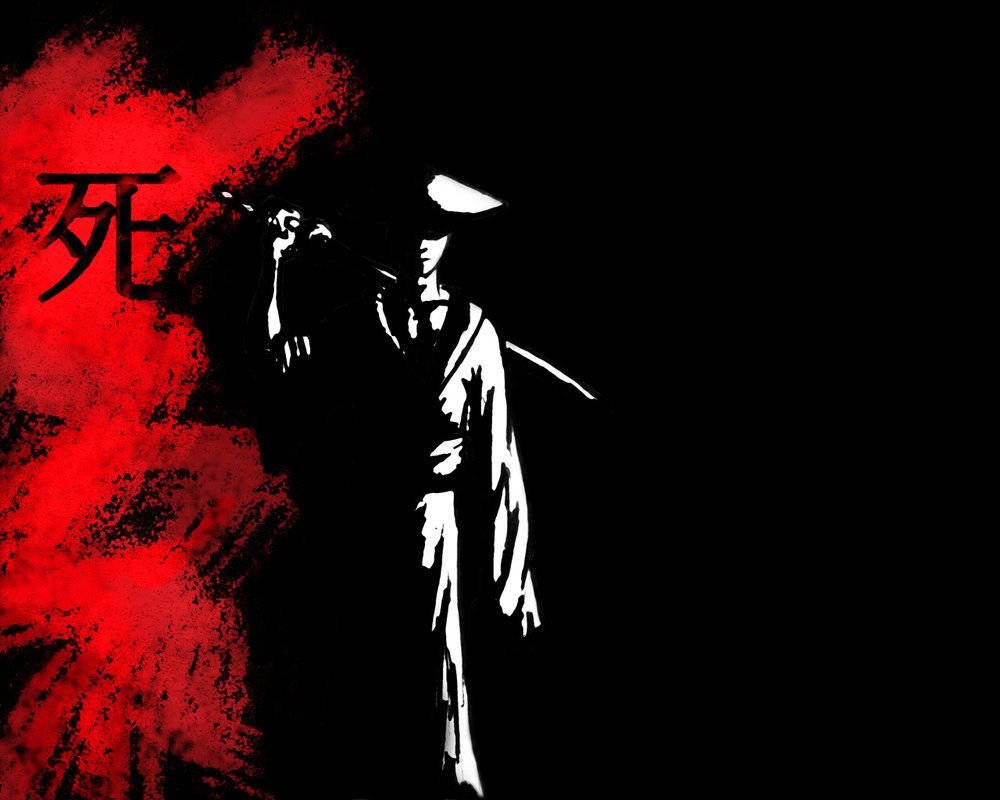 日本武士 桌布 壁紙 — 一個鮮明的白色武士剪影，手持劍，站在黑色背景上，帶有醒目的紅色飛濺和代表死亡的漢字。