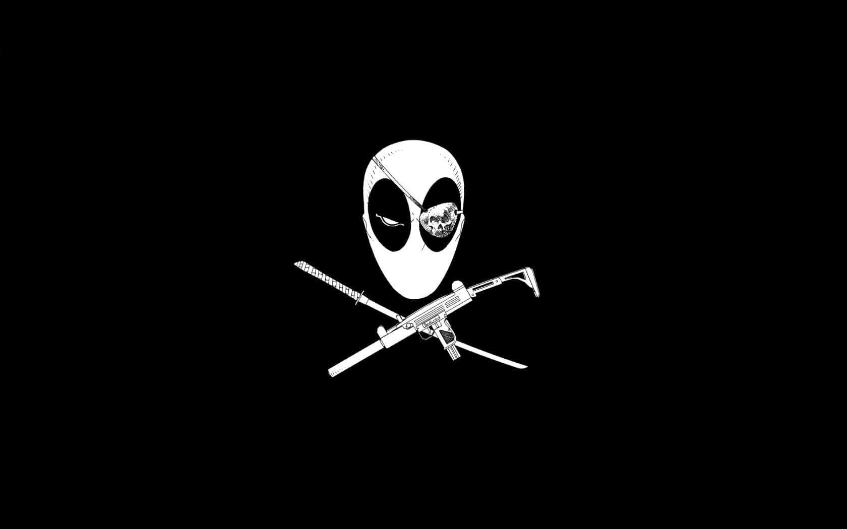 Black Deadpool 桌布 壁紙 — 一個鮮明的白色死侍頭骨，帶有繃帶眼睛和交叉武器，背景為黑色。