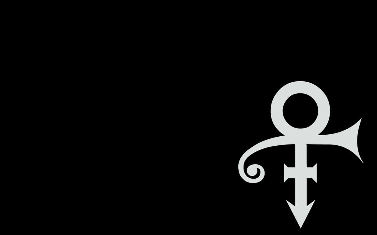 Prince Symbol 桌布 壁紙 — 一個鮮明的白色符號，類似於帶有漩渦和角狀頂部的風格化錨，居中在純黑色背景上。