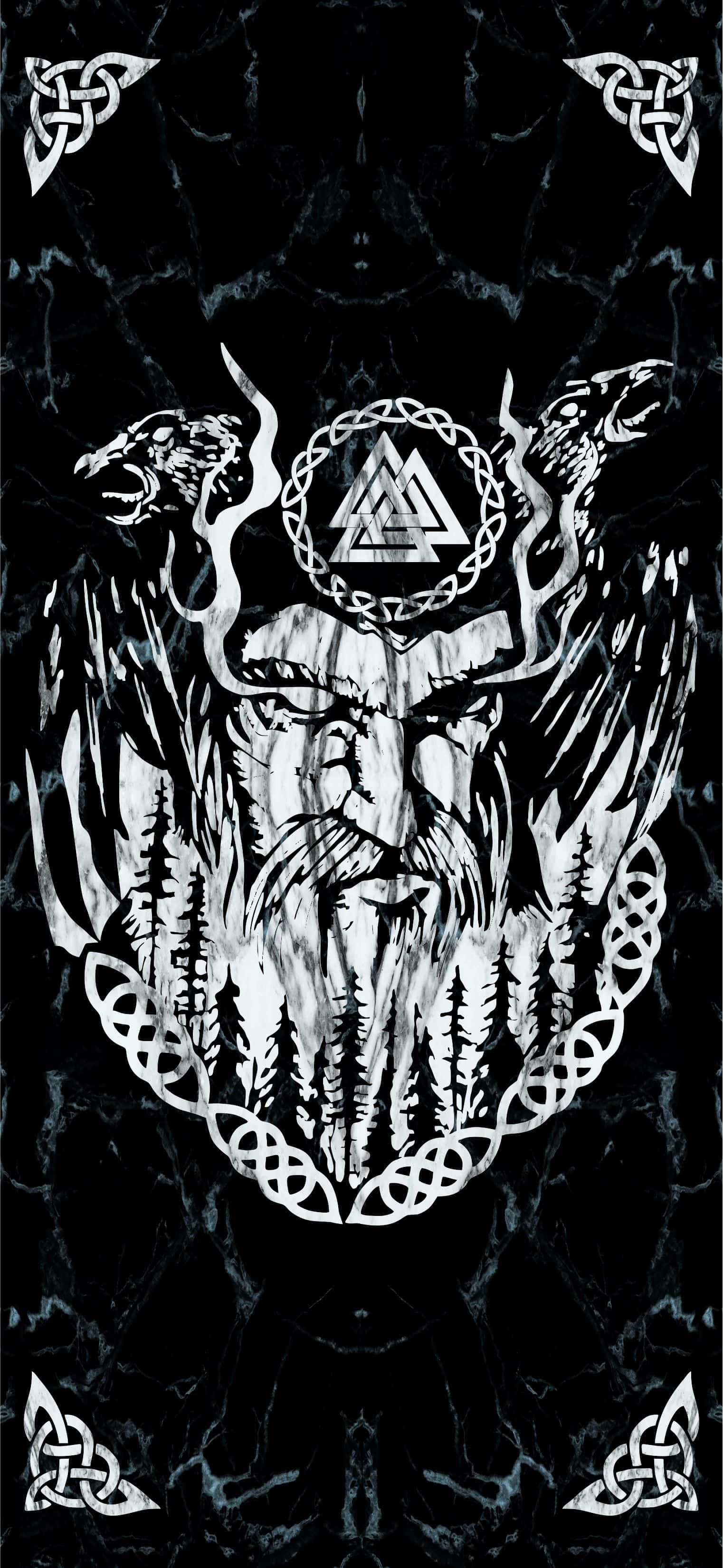 Norse Mythology 桌布 壁紙 — 一個鮮明的白色維京神祇，鬍鬚上刻有狼和樹木，背景為黑色大理石。