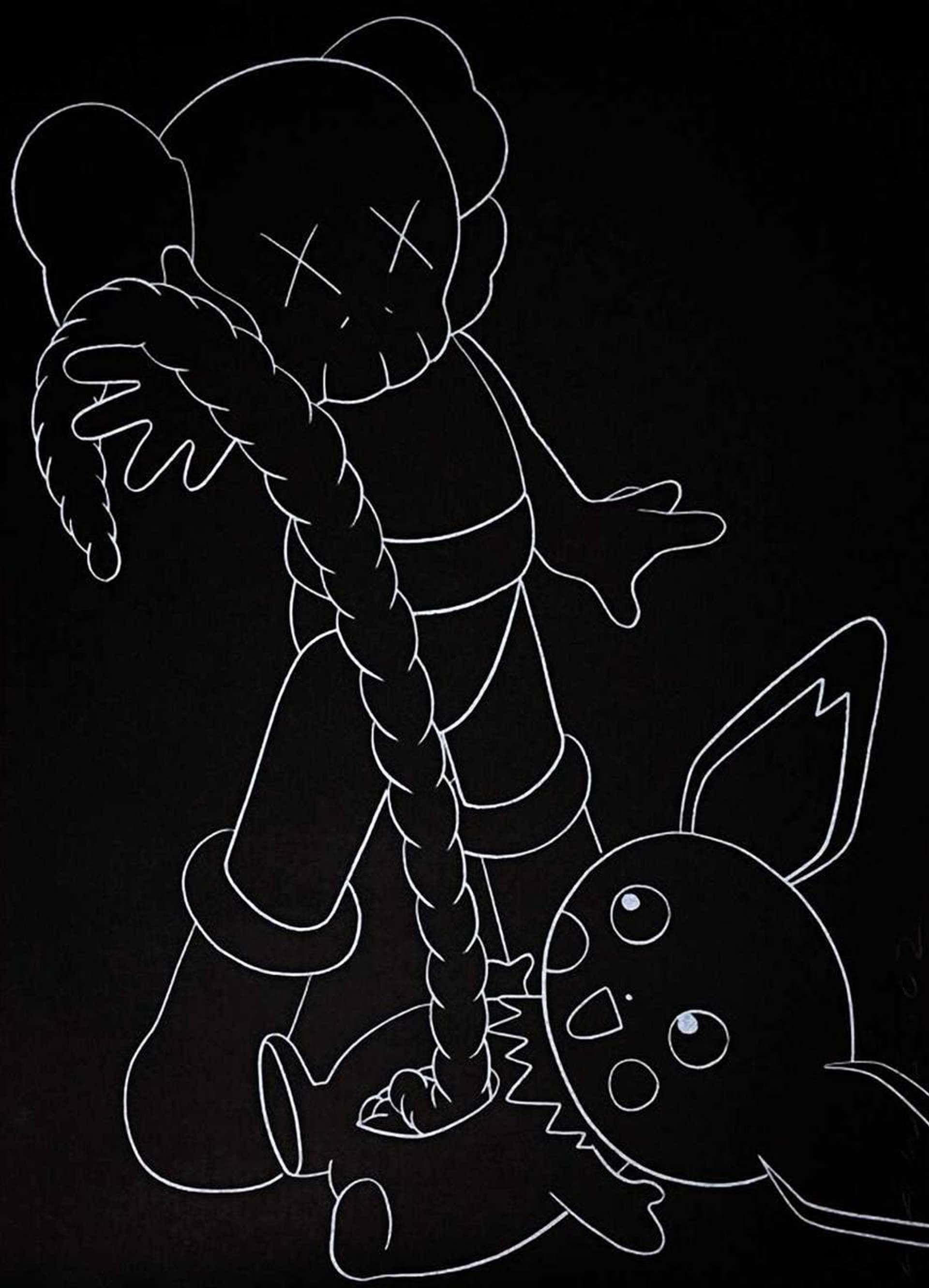 KAWS 桌布 壁紙 — 一個鮮明的白色線條繪圖，描繪KAWS角色手持繩索綁住一隻驚訝的皮卡丘，背景為黑色。