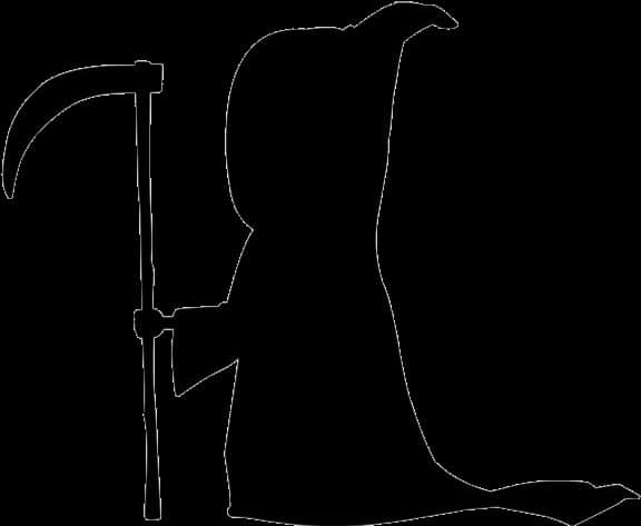 Scythe 桌布 壁紙 — 一個鮮明的白色線條藝術剪影，描繪死神手持鐮刀，背景為純黑色。