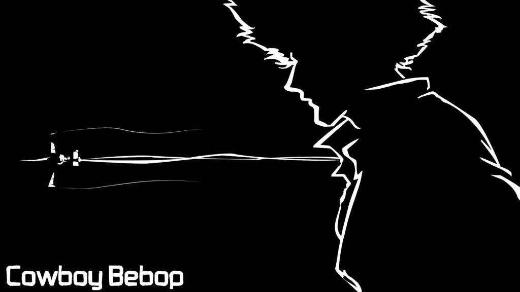 Cowboy Bebop Desktop 桌布 壁紙 — 一個鮮明的白色線條藝術剪影，描繪一個牛仔在黑色背景上擺出動態姿勢，並帶有「Cowboy Bebop」文字。