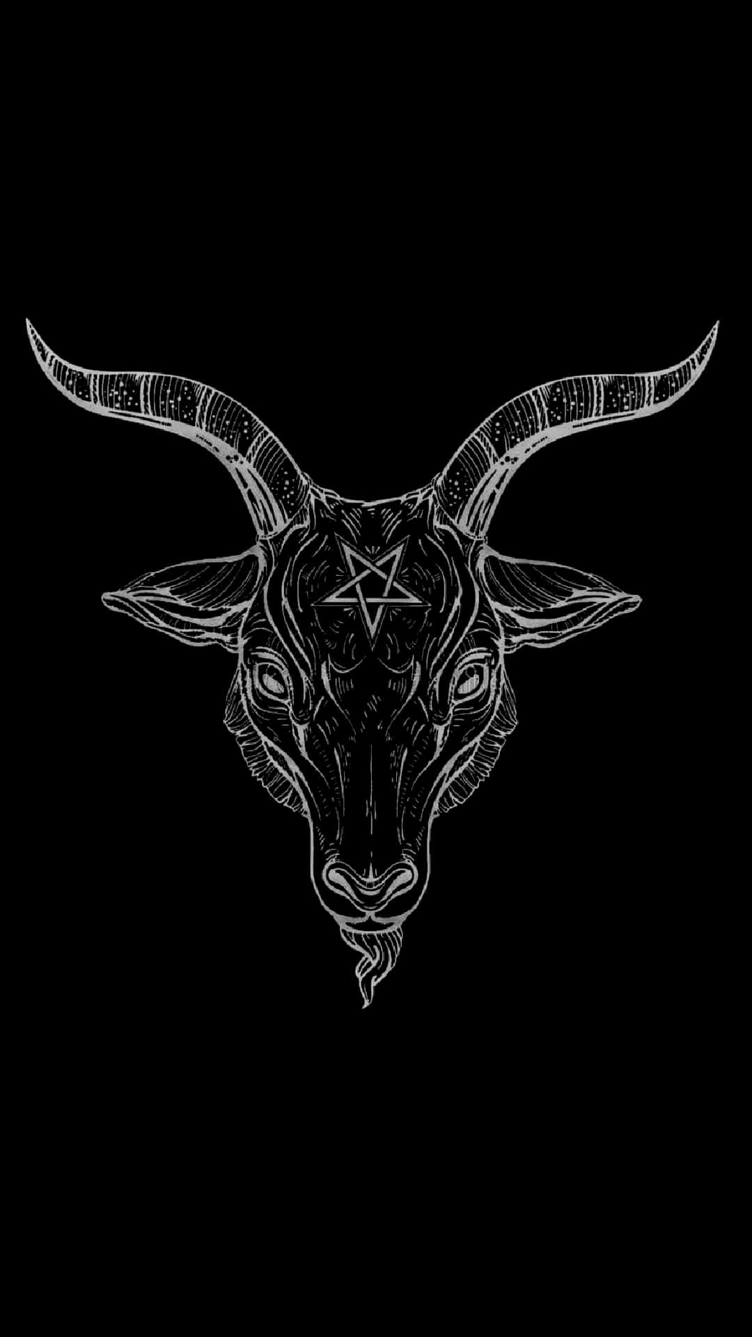 Edgy 桌布 壁紙 — 一個鮮明的白色線條藝術山羊頭，帶有彎曲的角和額頭上的五角星，背景為純黑色。