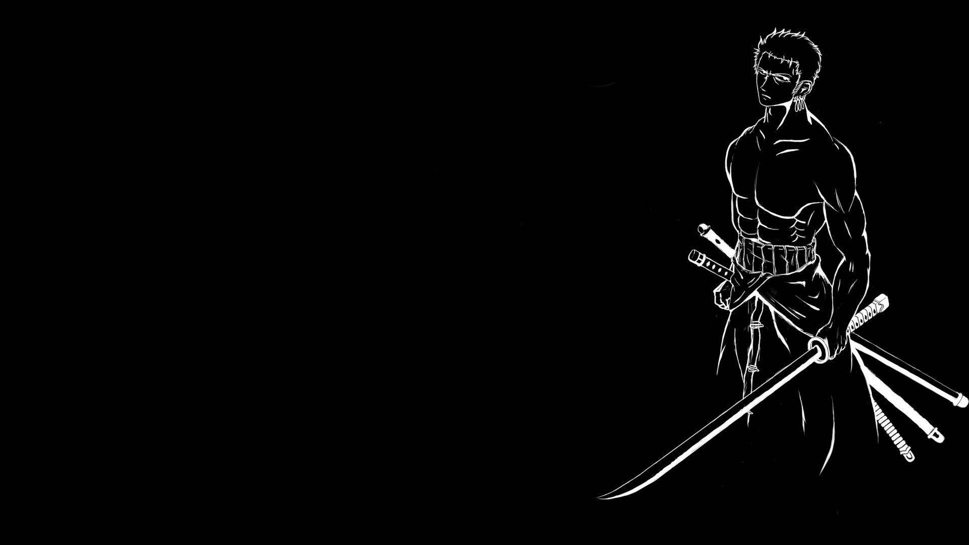 一個極簡線條藝術武士戰士在黑色背景上手持多把劍。 — 索隆 GIF 壁紙