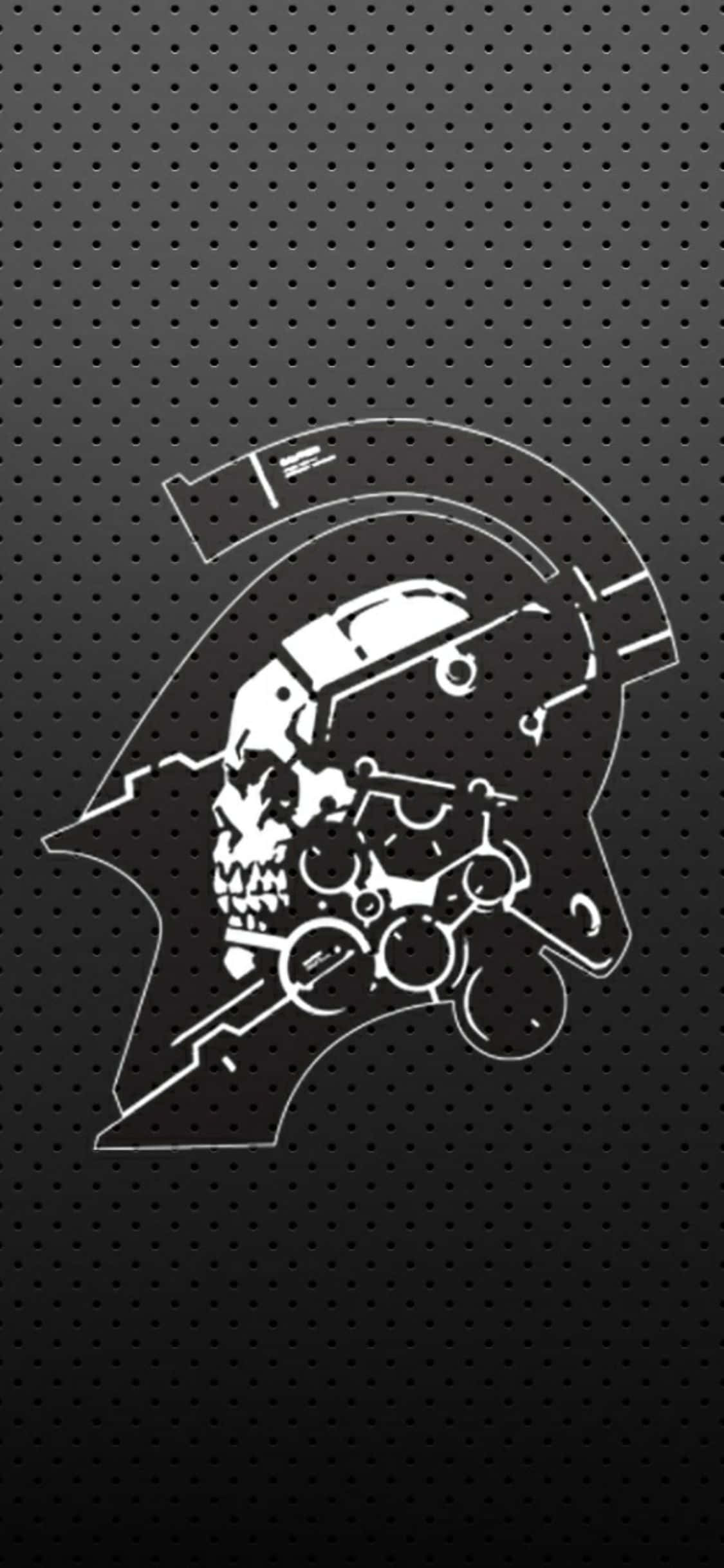 iPhone X Death Stranding 桌布 壁紙 — 一個鮮明的白色線條藝術骷髏頭戴著未來風格的頭盔，背景是深色穿孔的。