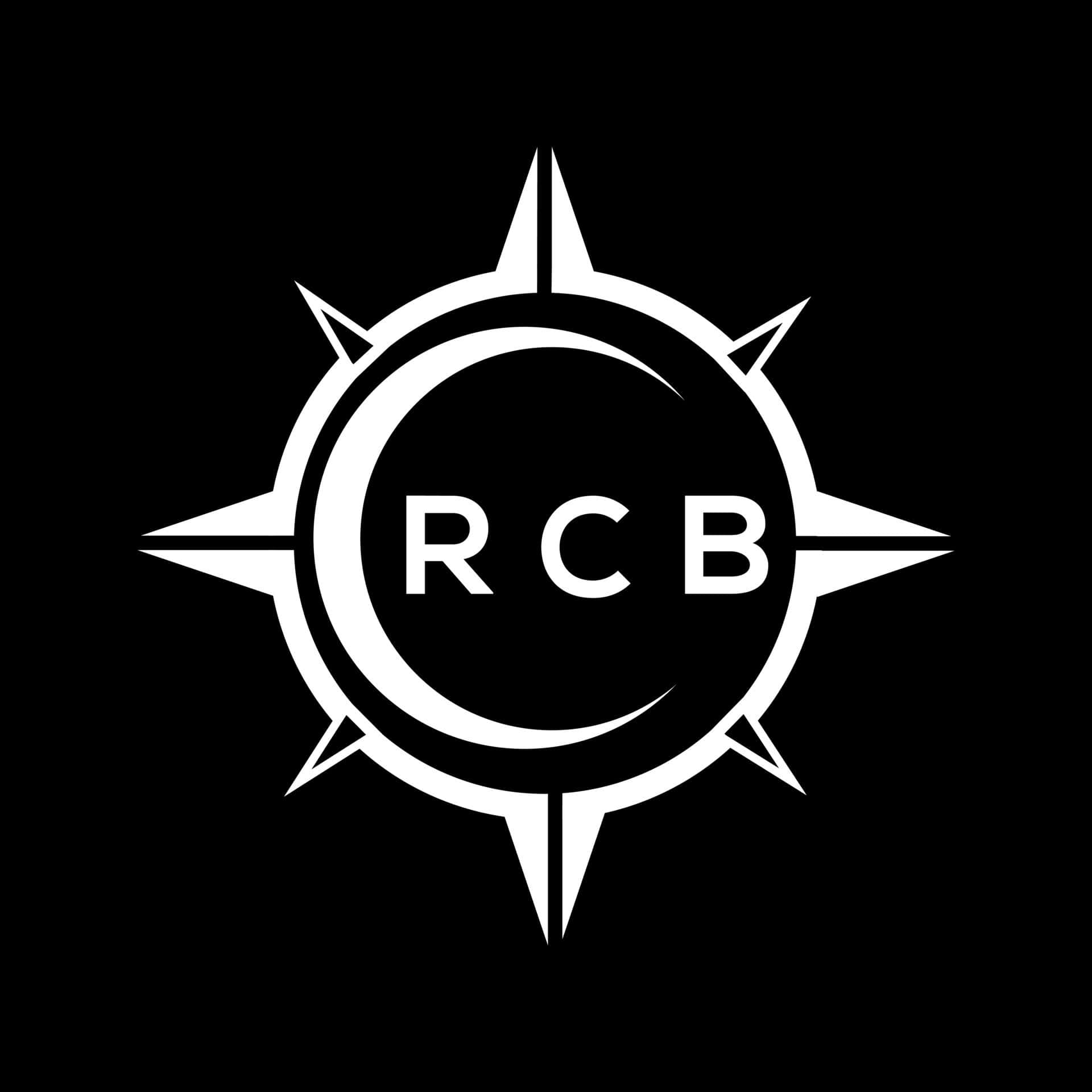 Rcb 桌布 壁紙 — 一個鮮明的白色羅盤玫瑰標誌，中央有RCB縮寫，置於黑色背景上。