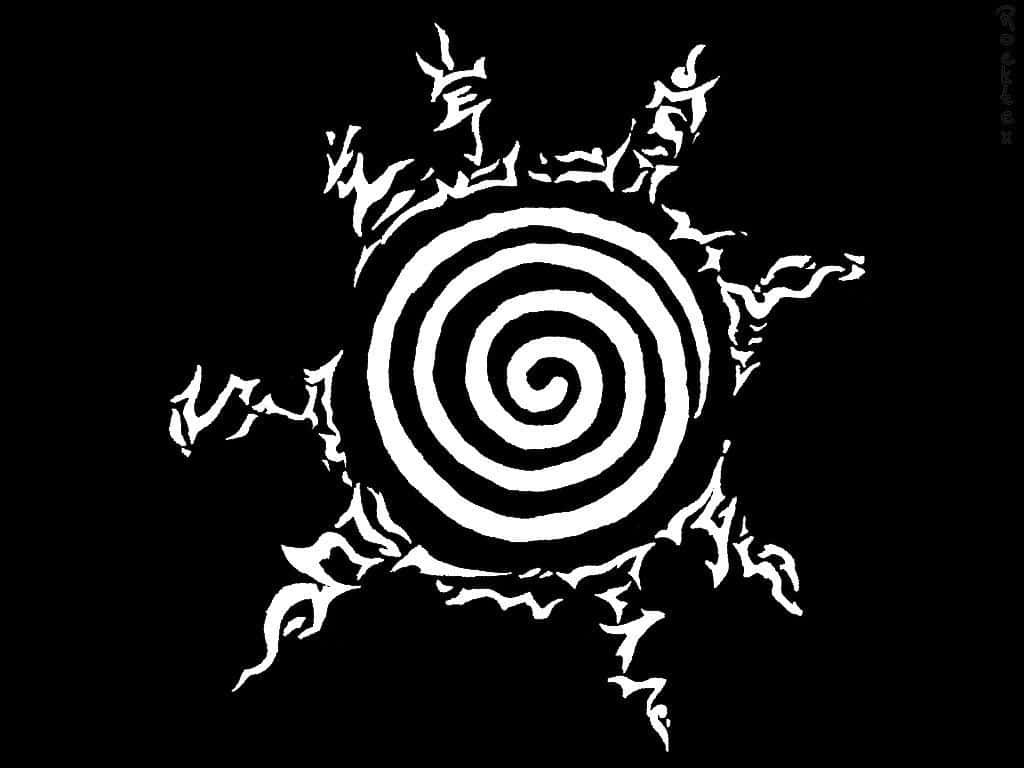 Naruto White 桌布 壁紙 — 一個鮮明的白色螺旋標誌，帶有鋸齒狀、火焰般的延伸部分，在純黑色背景上放射光芒。