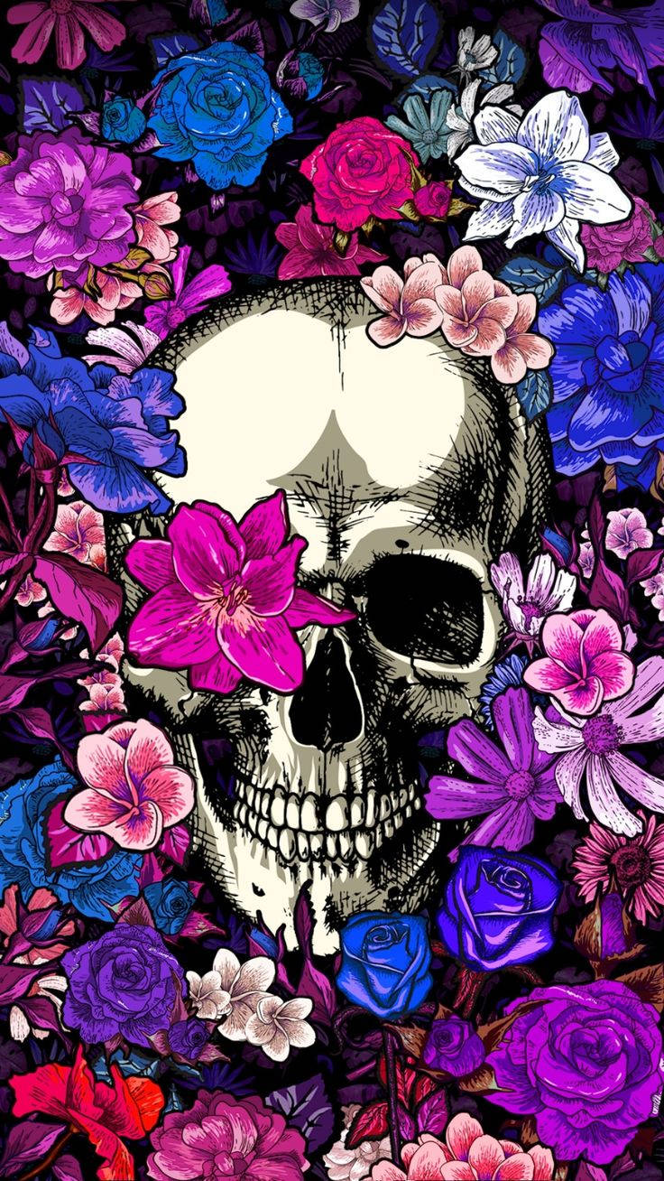 dead 桌布 壁紙 — 一個鮮明的白色頭骨，周圍環繞著充滿活力的紫色、粉紅色和藍色花朵，採用大膽的圖形風格。