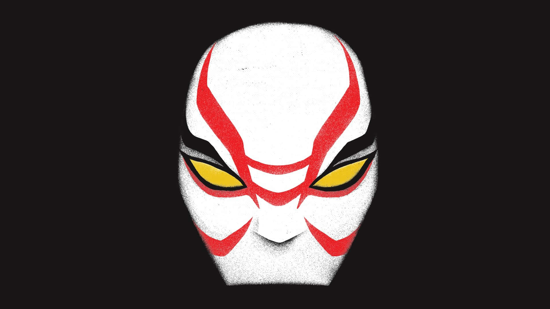 Yokai 桌布 壁紙 — 一個鮮明的白色風格化面具，帶有醒目的紅色標記和銳利的黃色眼睛，置於黑色背景上。