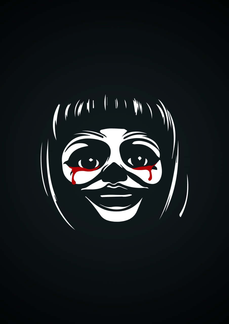Annabelle 桌布 壁紙 — 一個鮮明的白色風格化面孔，紅色淚水從大眼睛流出，背景為黑色。