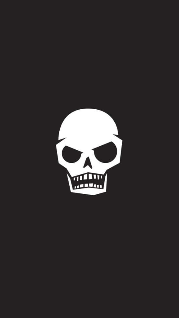 Memento Mori 桌布 壁紙 — 一個鮮明的白色風格化頭骨，帶有憤怒的眼睛和露出的牙齒，居中在純黑色背景上。
