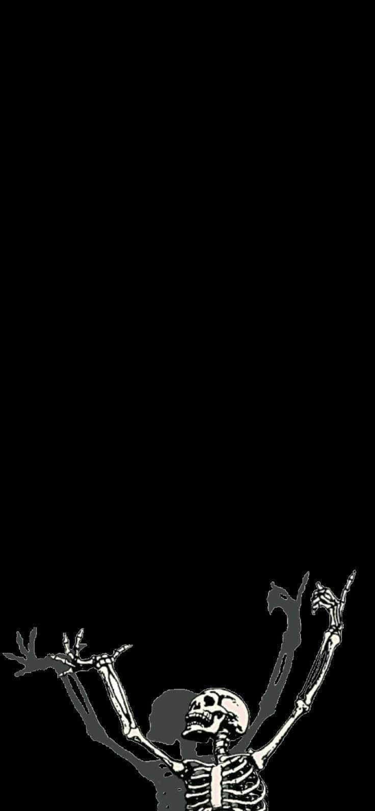 Goth Aesthetic Black 桌布 壁紙 — 一個鮮明的白色骷髏，雙臂高舉勝利姿態，背景為純黑色。