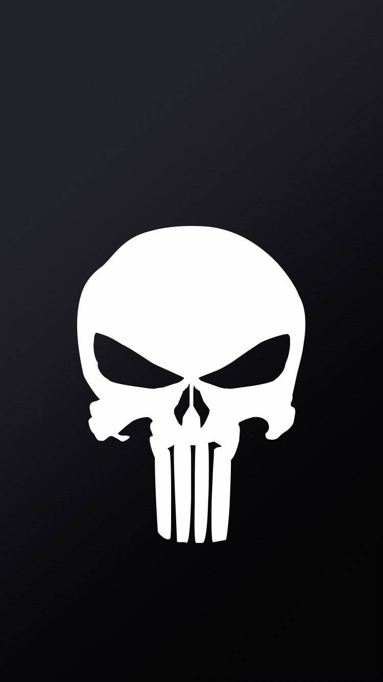 Punisher Skull 桌布 壁紙 — 一個鮮明的白色骷髏標誌，下頷線下方有三條垂直條紋，居中在純黑色背景上。