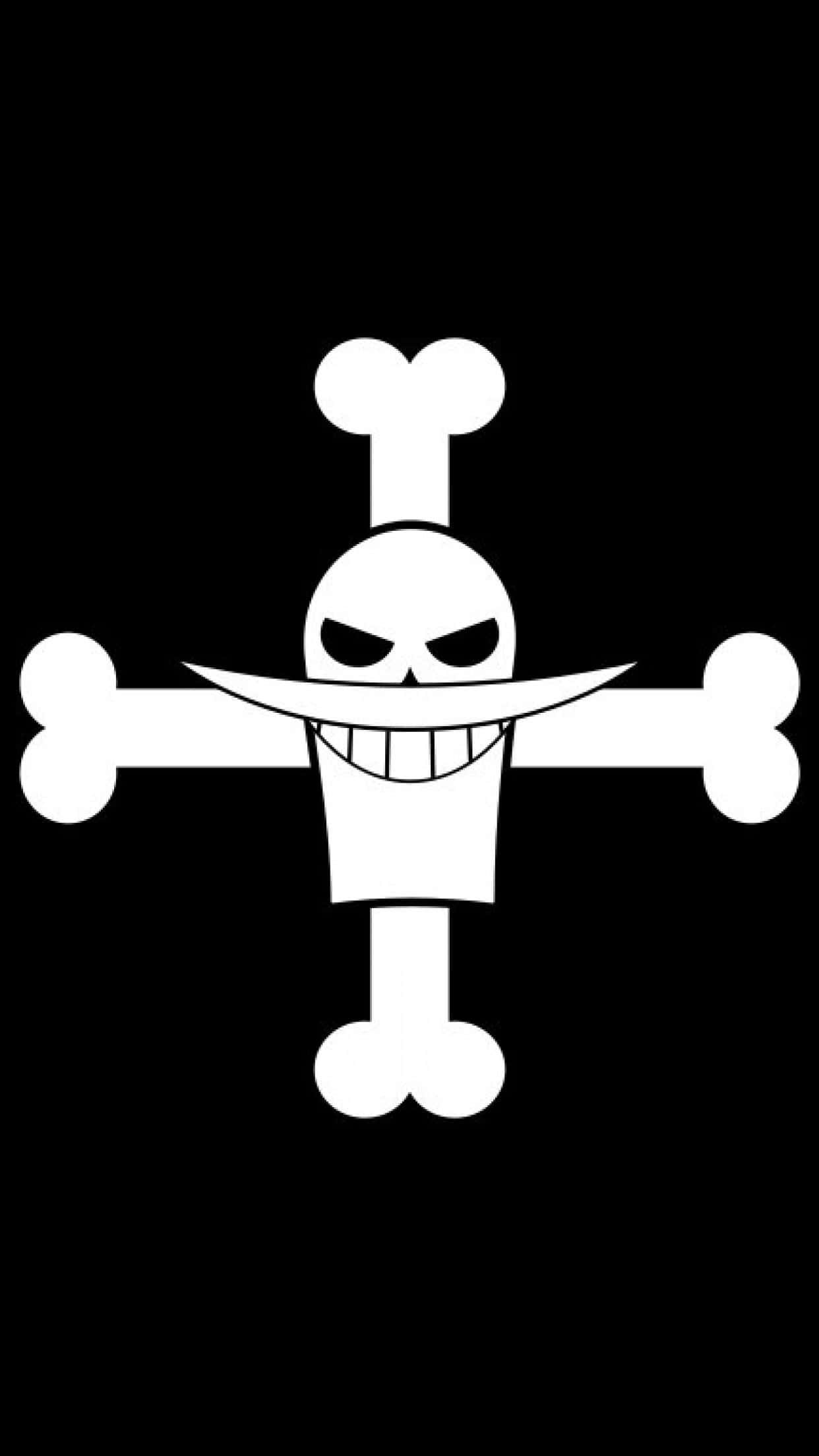 One Piece Black And White 桌布 壁紙 — 一個鮮明的白色骷髏頭，咧嘴大笑，交叉的骨頭在純黑色背景上形成大膽的海盜旗。