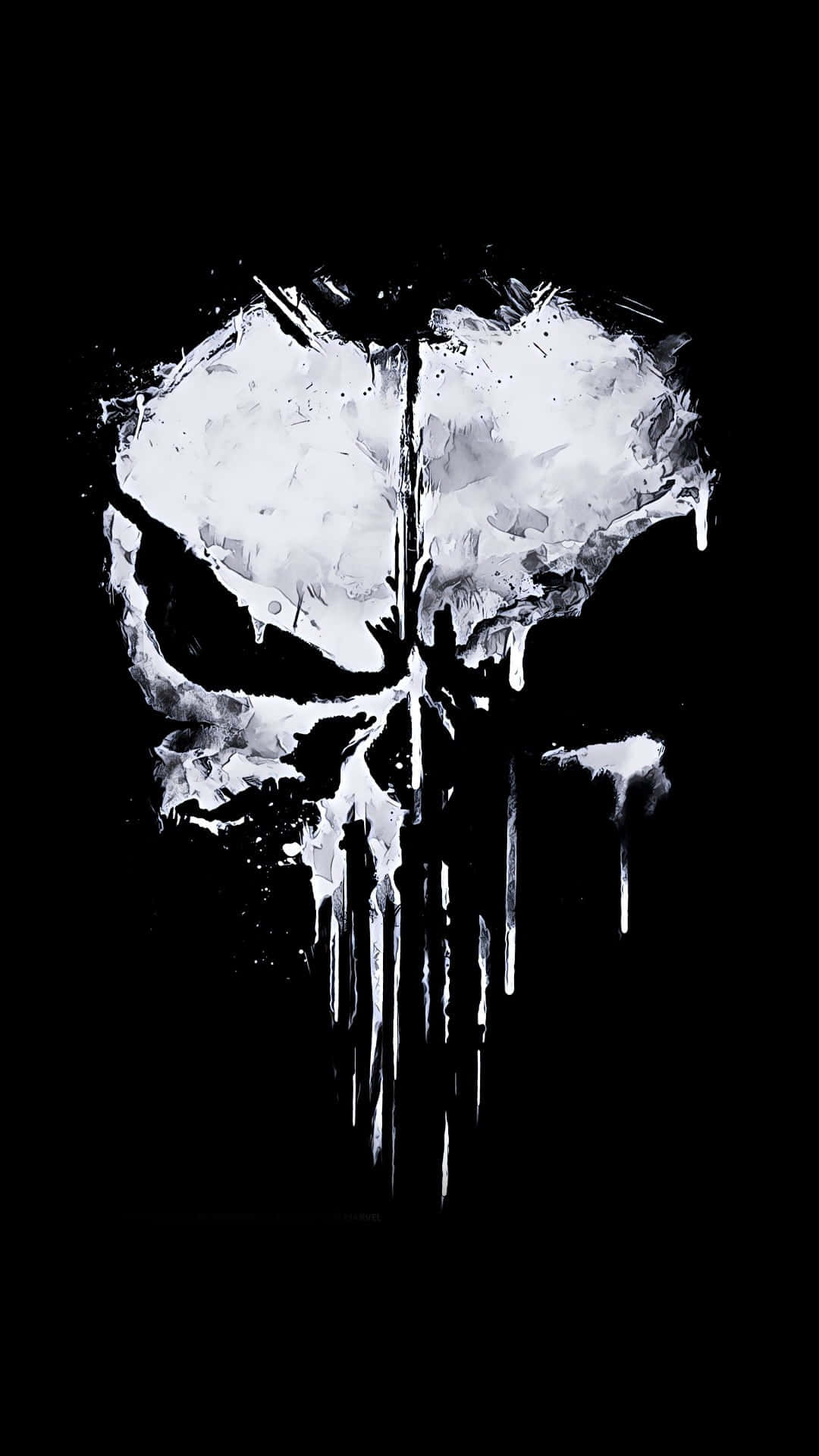Skull Phone 桌布 壁紙 — 一個鮮明的白色骷髏頭，帶有滴落油漆效果，在純黑色背景上脫穎而出。