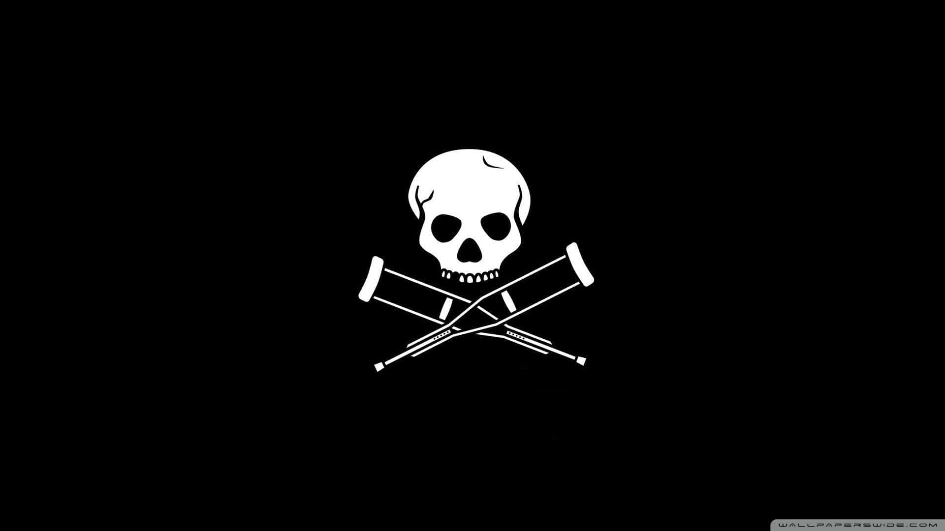 Black Skeleton 桌布 壁紙 — 一個鮮明的白色骷髏頭和交叉的曲棍球棒圖示，居中在純黑色背景上。