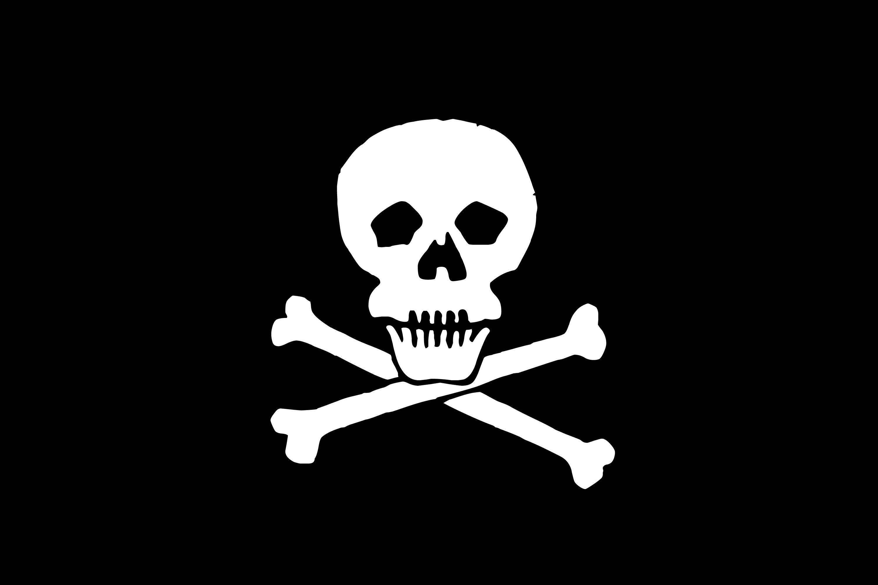 Black Skull 桌布 壁紙 — 一個鮮明的白色骷髏頭和交叉骨圖案，置於純黑色背景中央。