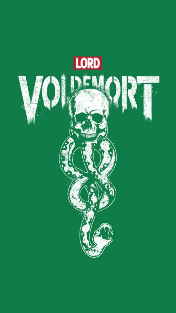 voldemort 桌布 壁紙 — 一個鮮明的白色骷髏頭和蛇標誌，帶有「LORD VOLDEMORT」文字，置於純綠色背景上。