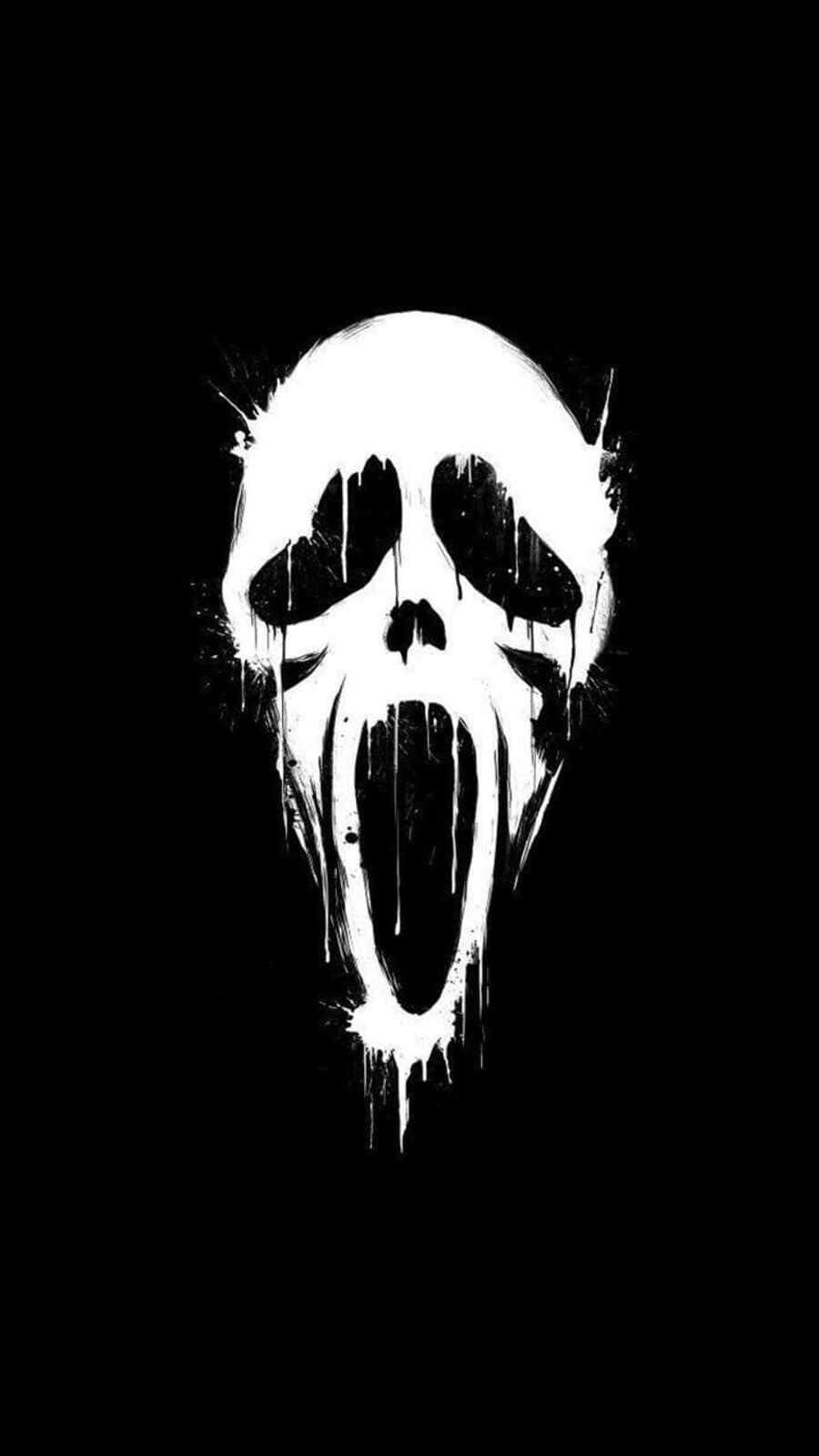 Ghostface Aesthetic 桌布 壁紙 — 一個鮮明的白色鬼臉，張開尖叫的嘴巴，帶有滴落油漆效果，背景為純黑色。