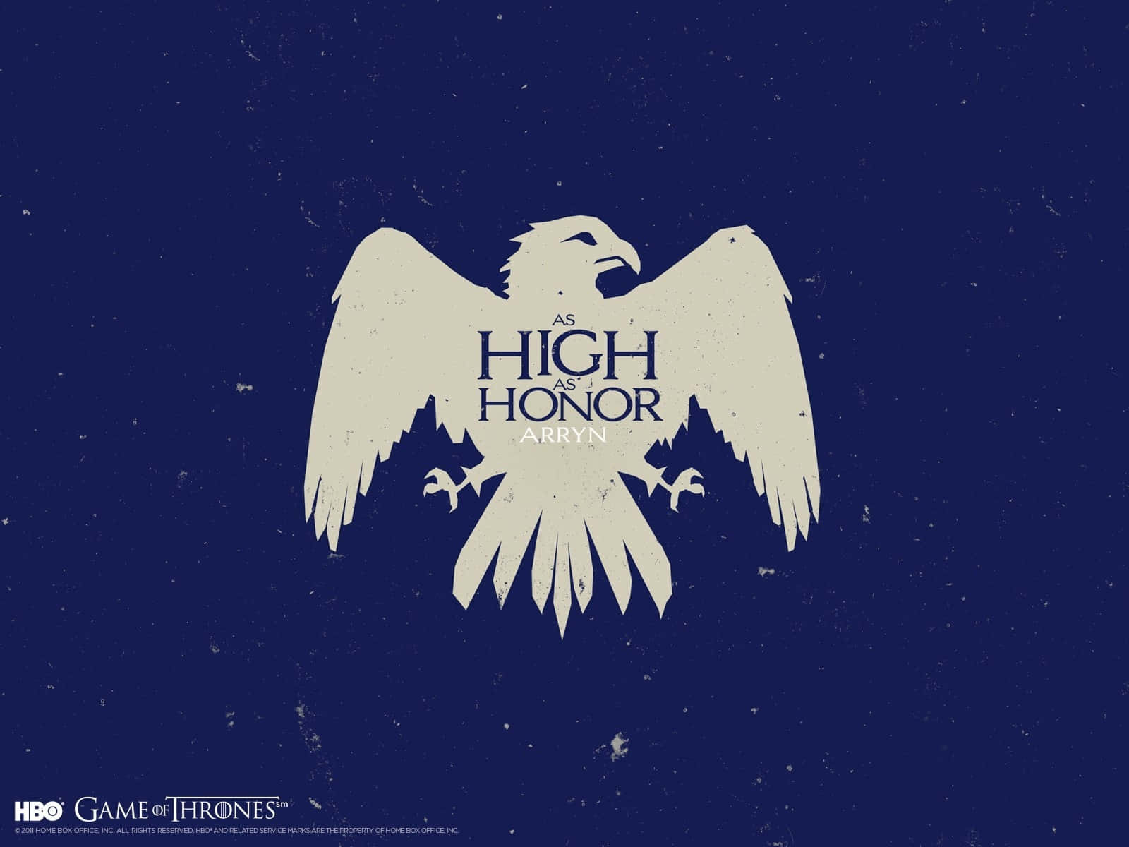 冰與火之歌 桌布 壁紙 — 一個鮮明的白色鷹徽，上面有「As High As Honor Arryn」字樣，在帶有紋理的深藍色背景上格外突出。