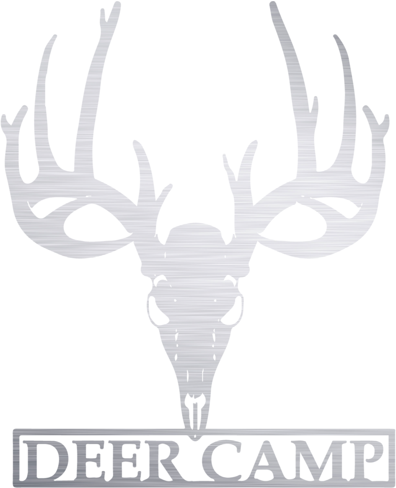 Elk 桌布 壁紙 — 一個鮮明的白色鹿頭骨，帶有大鹿角，下方有「DEER CAMP」文字，背景為黑色。