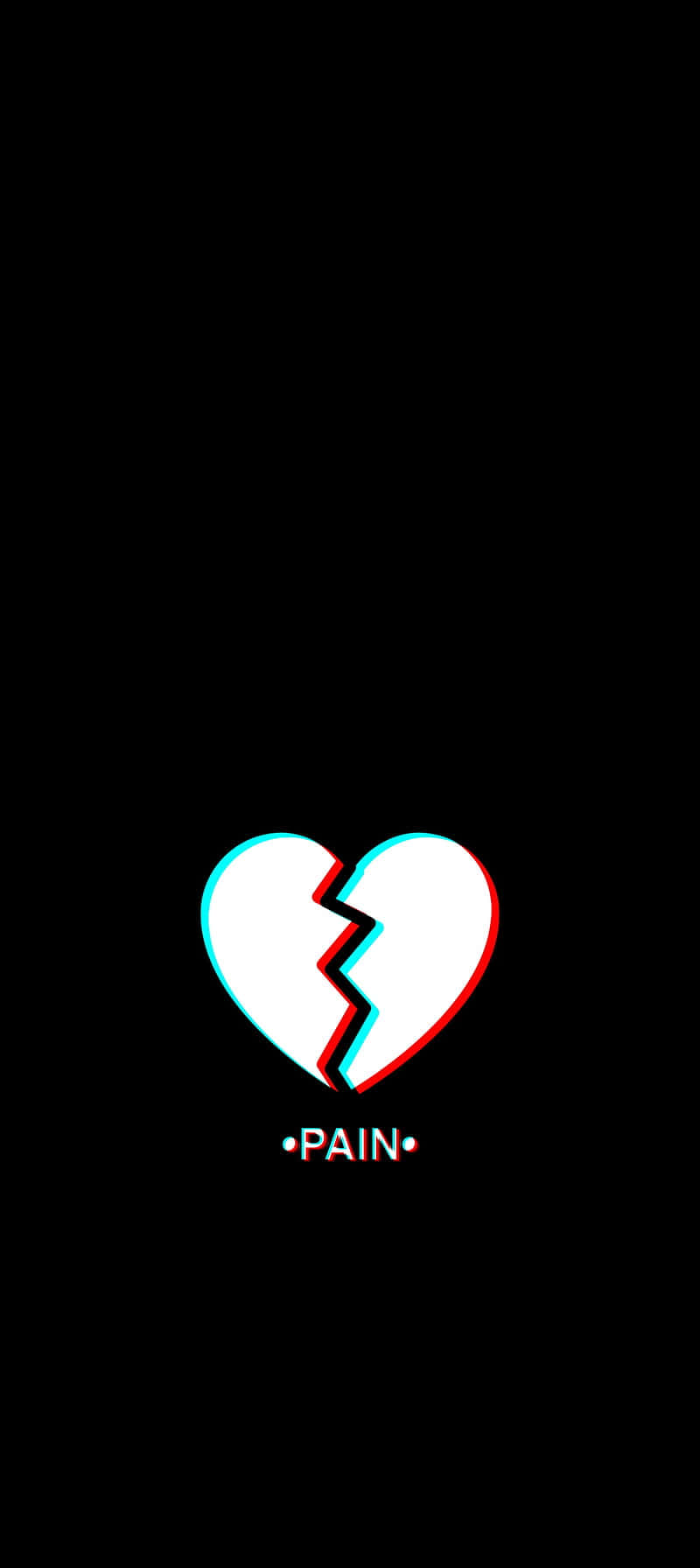 Broken Heart Aesthetics 桌布 壁紙 — 一個鮮明的破碎心臟，帶有紅色和青色的故障邊緣，居中在黑色背景上，下方有「痛苦」一詞。