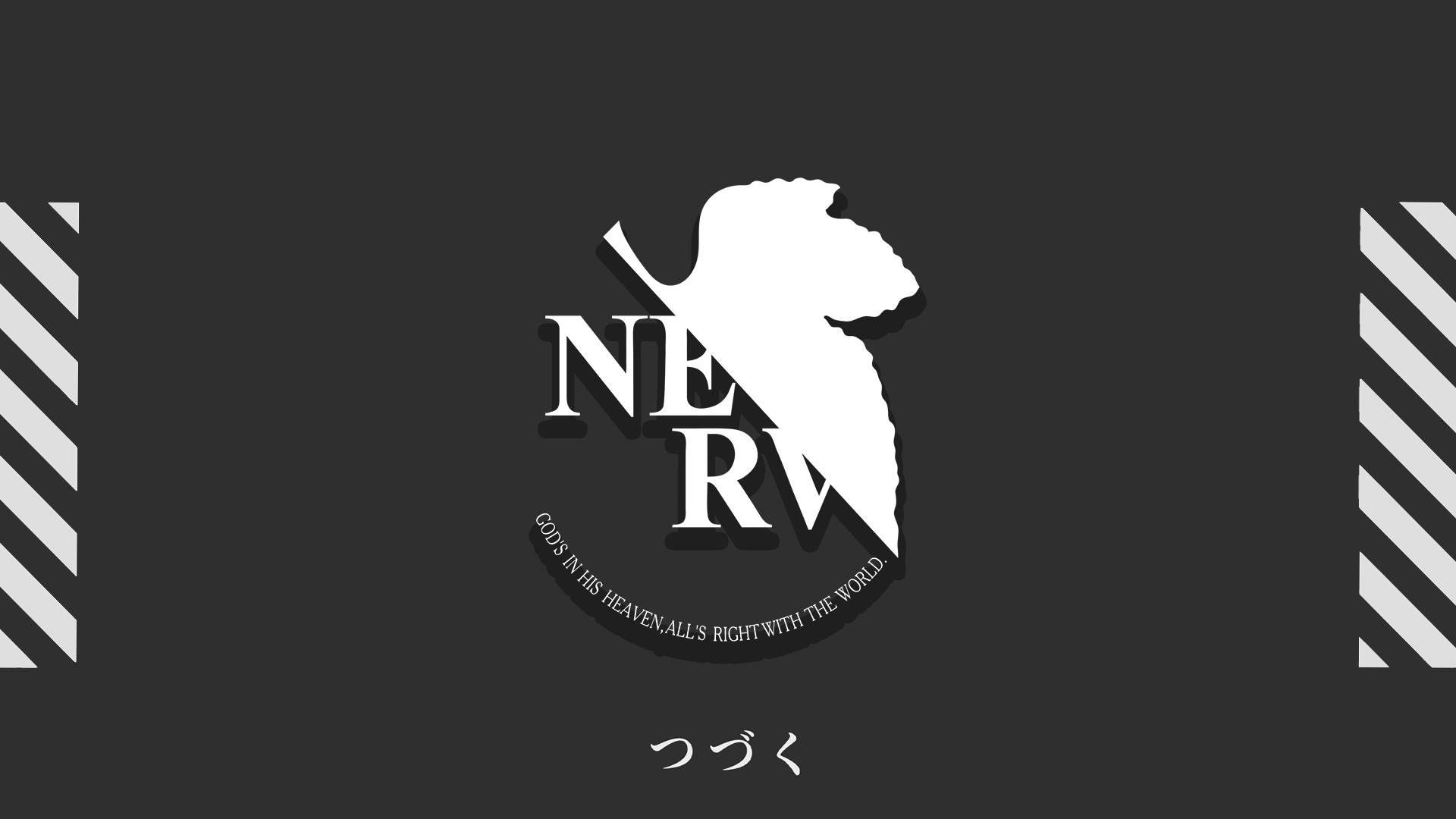 evangelion 4K 桌布 壁紙 — 一個鮮明的黑白NERV標誌，帶有風格化的天使剪影，在黑暗背景上持劍。