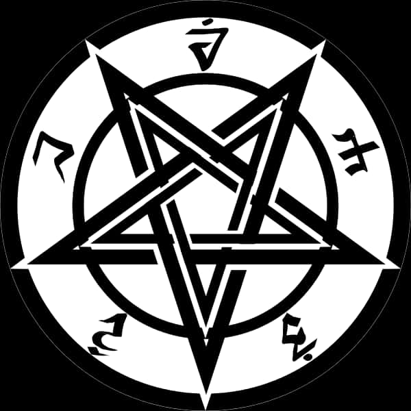 Pentagram 桌布 壁紙 — 一個鮮明的黑白五角星符號，帶有神秘文字，被粗環圍繞在純黑背景上。