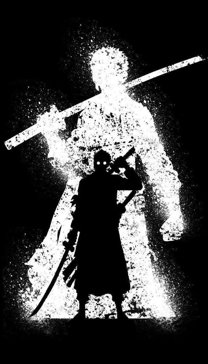 動漫 桌布 壁紙 — 一個鮮明的黑白剪影，一名武士站在一個幽靈般的、濺有白色斑點的人物面前，手持武士刀。