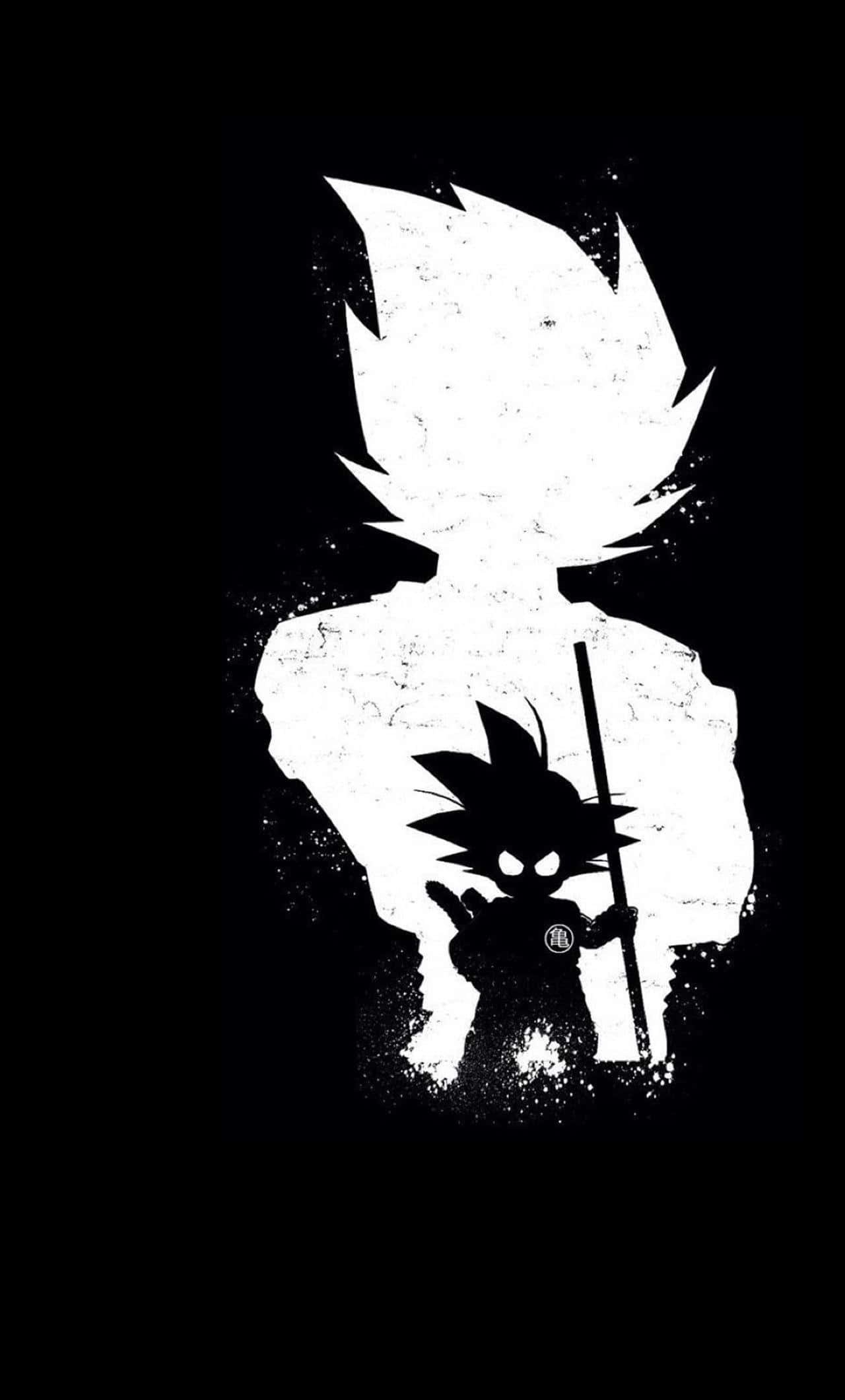 anime black and white 桌布 壁紙 — 一個鮮明的黑白剪影，描繪一個巨大的悟空抱著一個拿著棍棒的小悟空，背景為深色。