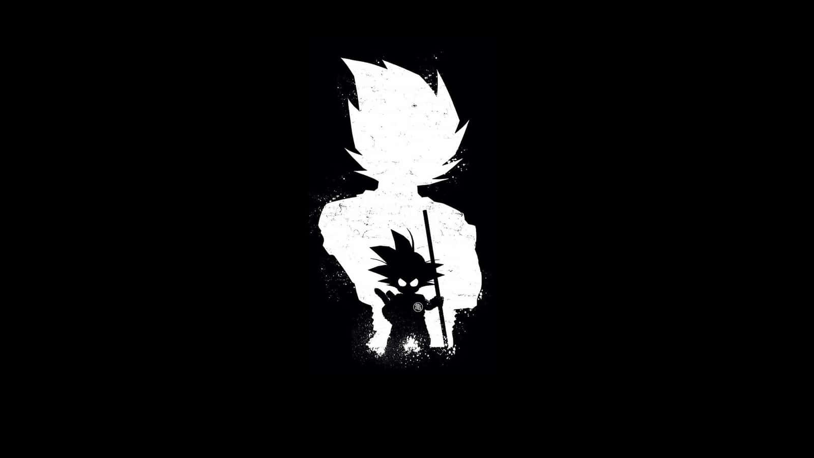 anime black and white 桌布 壁紙 — 一個鮮明的黑白剪影，描繪一個頭髮尖刺的巨大身影，在黑暗背景中抱著一個手持法杖的小孩。