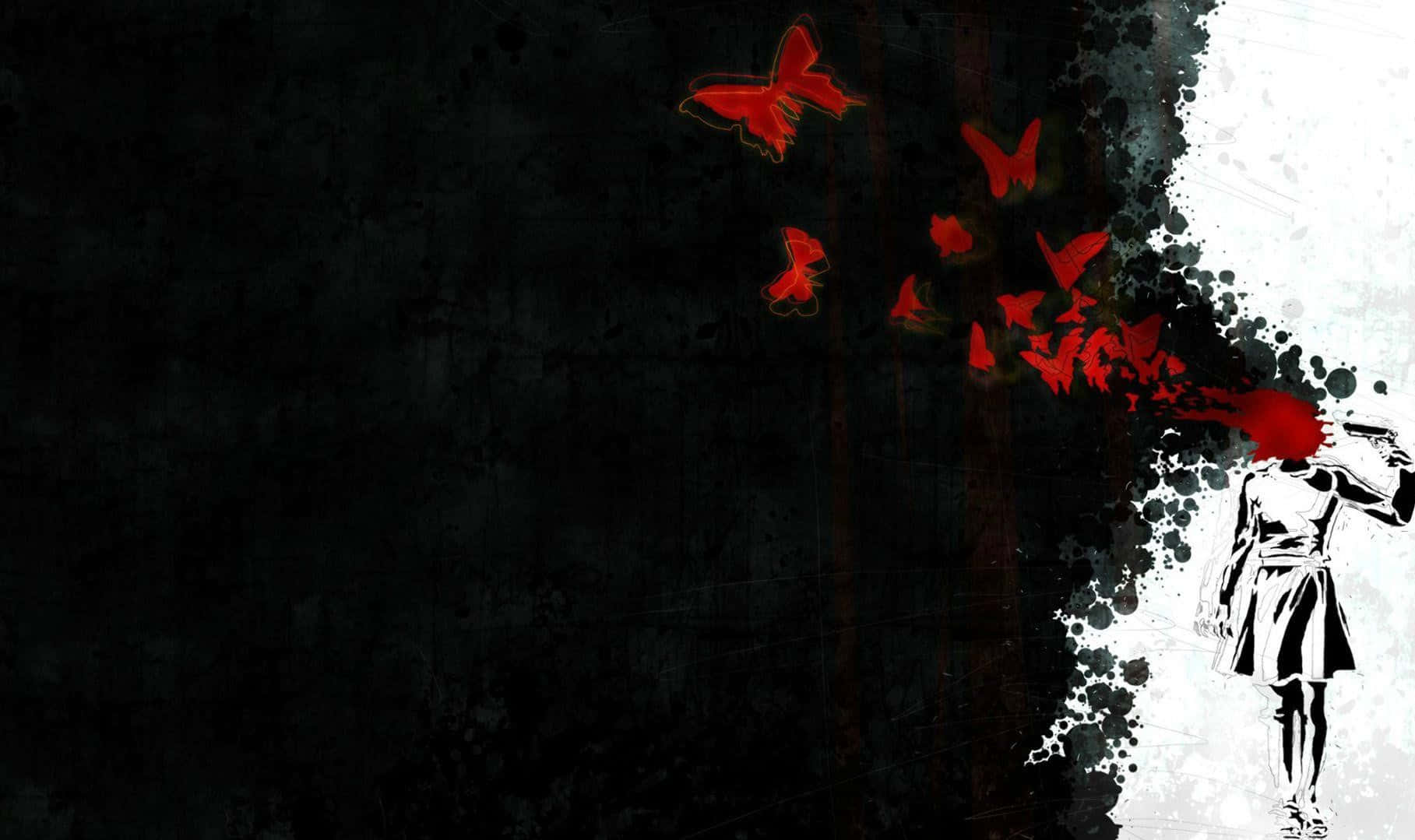 Suicide 桌布 壁紙 — 一個鮮明的黑白剪影人物在紋理深色背景上釋放出鮮豔的紅色蝴蝶。