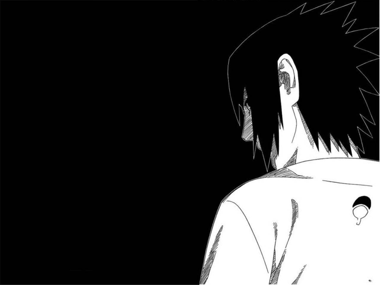 黑色動畫gif 桌布 壁紙 — 一個鮮明的黑白動漫角色，從背後觀看，背景為純黑色。