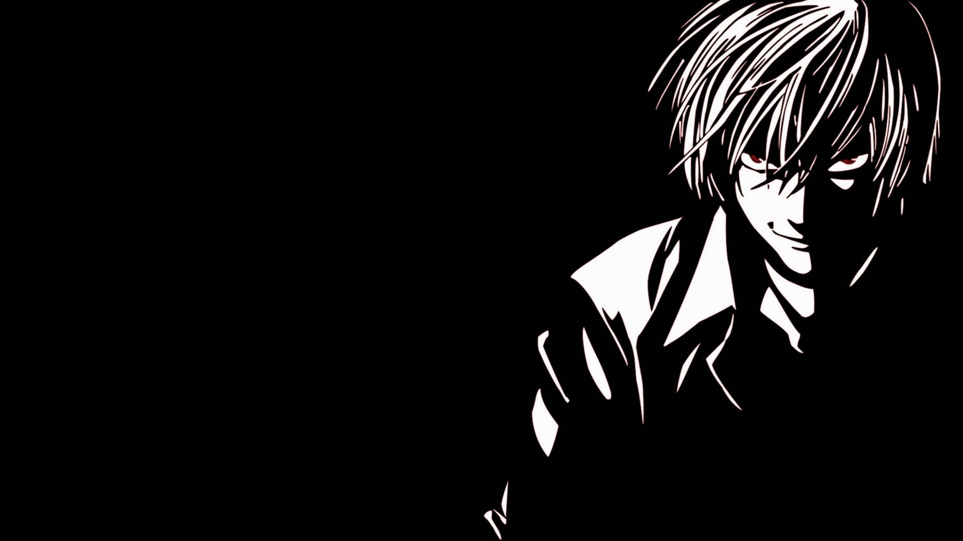 Black And White Anime 桌布 壁紙 — 一個鮮明的黑白動漫角色，擁有尖刺頭髮和紅色眼睛，在黑暗背景上露出威脅性的微笑。