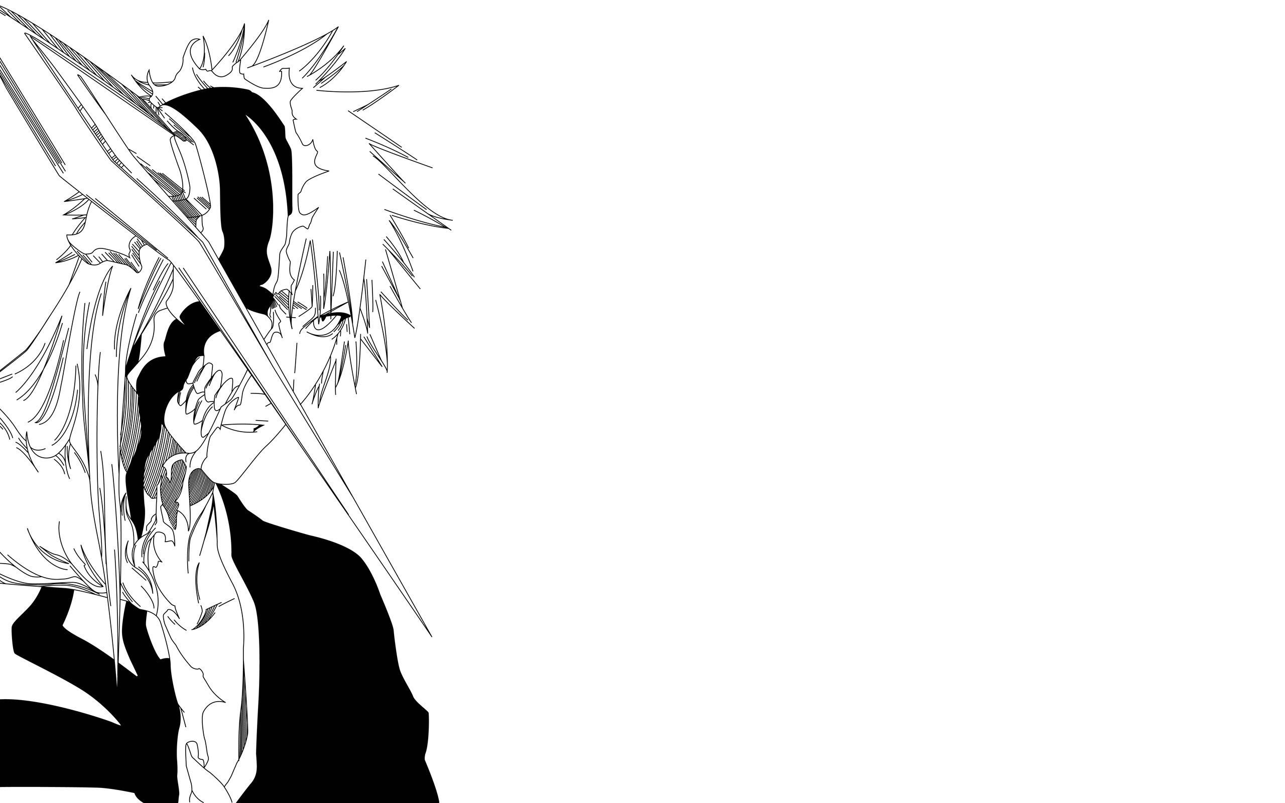動漫男孩 桌布 壁紙 — 一個鮮明的黑白動漫角色，擁有尖刺頭髮和劍，在空白背景前擺出姿勢。