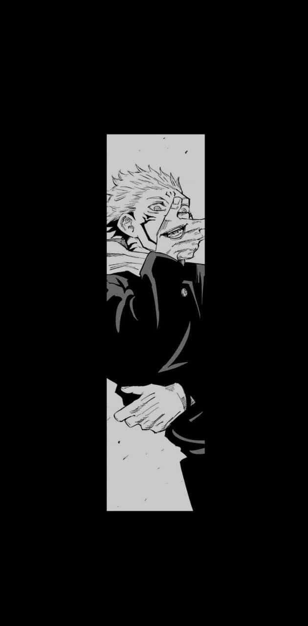 Dark Anime Boy 桌布 壁紙 — 一個鮮明的黑白動漫角色，擁有尖刺頭髮和傷痕累累的臉龐，在黑暗背景下強烈凝視。