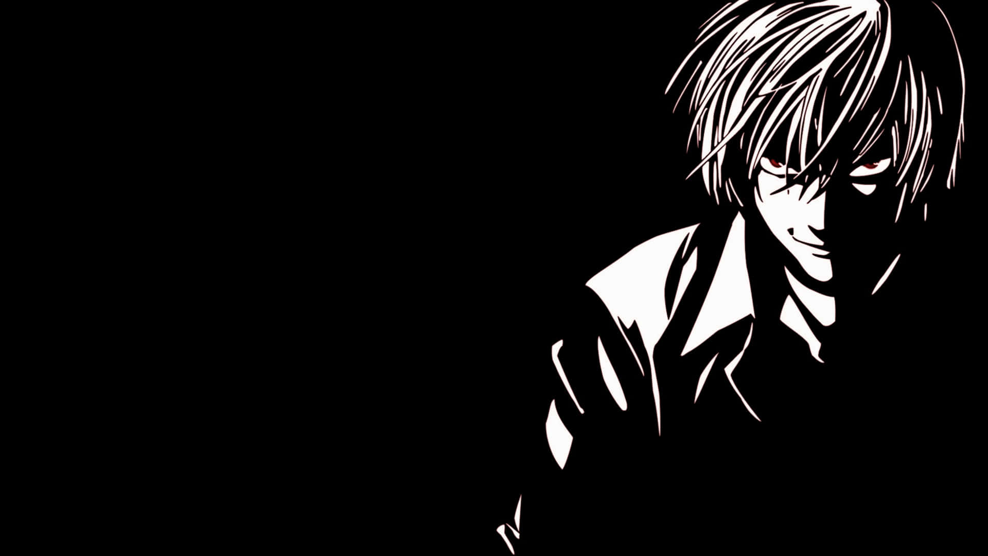 Death Note Mello 桌布 壁紙 — 一個鮮明的黑白動漫角色，有著尖刺頭髮和陰險的笑容，從黑暗中浮現。