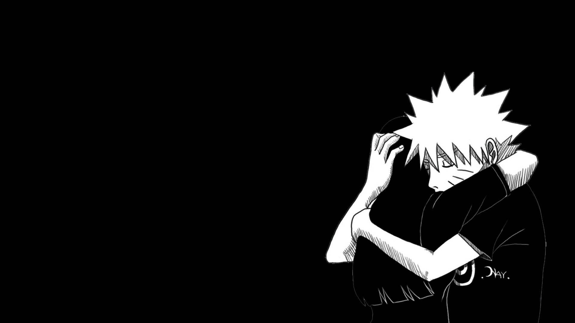 naruto symbol 桌布 壁紙 — 一個鮮明的黑白動漫角色，頭髮尖刺，在角落裡抱著自己，背景是純黑色。