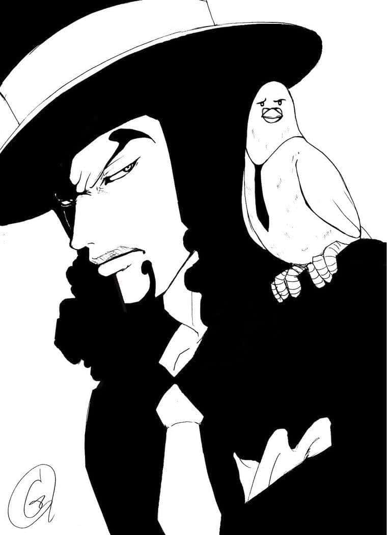 Rob Lucci 桌布 壁紙 — 一個鮮明的黑白動漫風格肖像，描繪一名戴著軟呢帽的男子，肩上棲著一隻脾氣暴躁的鳥。