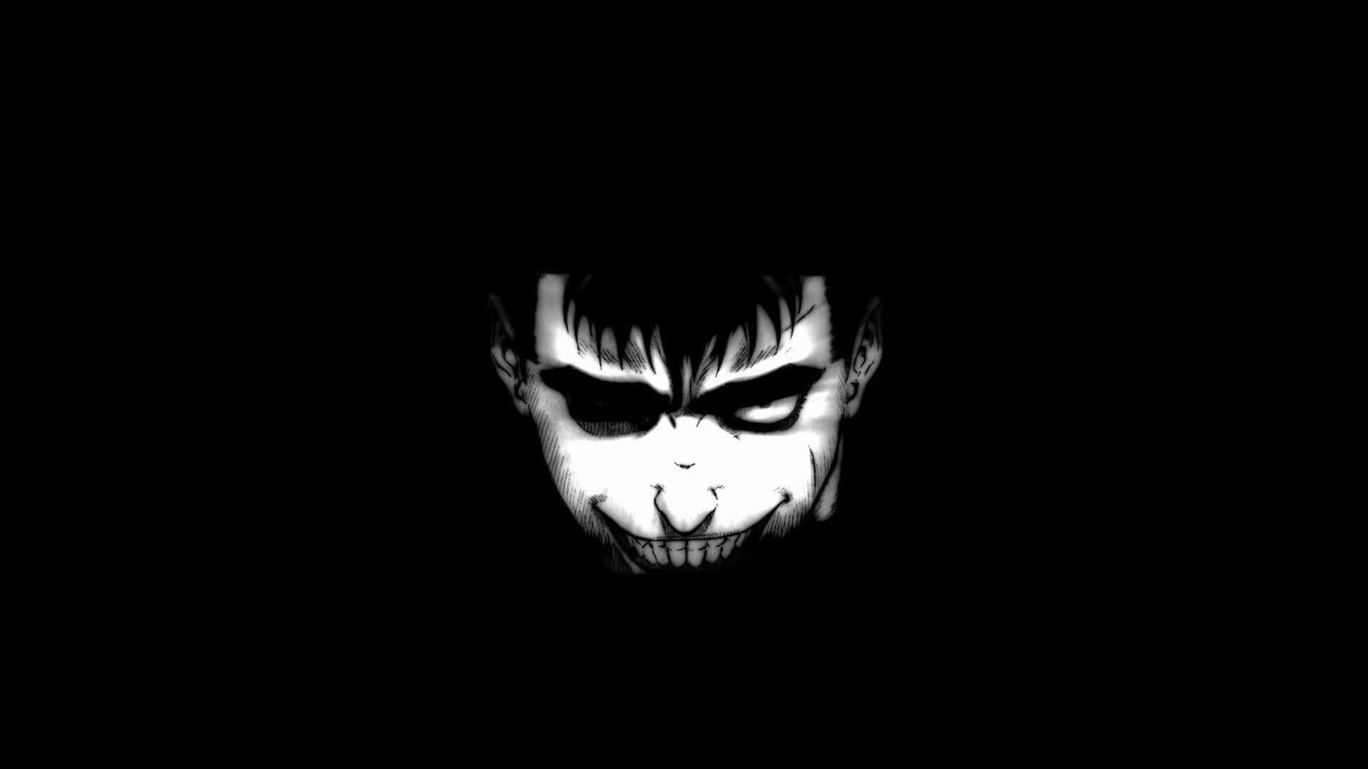 Black And White Anime 桌布 壁紙 — 一個鮮明的黑白動漫風格面孔，帶著威脅性的笑容和銳利的眼睛，從黑暗中浮現。