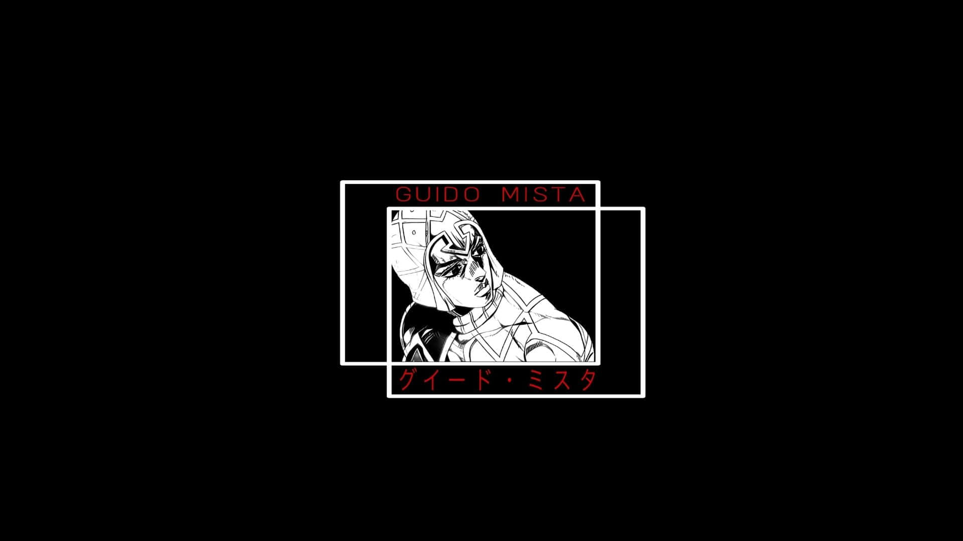 Guido Mista 桌布 壁紙 — 一個鮮明的黑白動畫肖像，主角是 Guido Mista，由重疊的白色長方形框住，上下有紅色文字。
