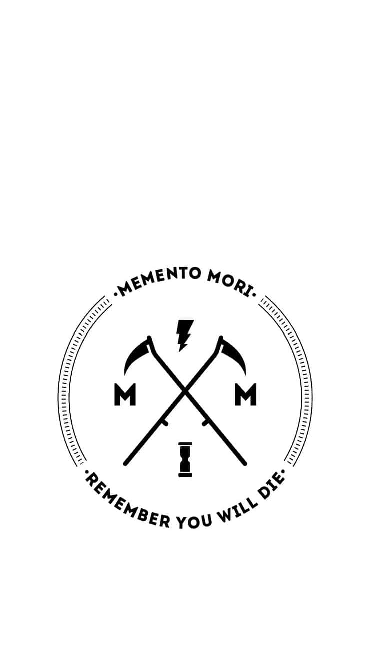 Memento Mori 桌布 壁紙 — 一個鮮明的黑白圓形徽章，上面有交叉的鐮刀、沙漏和拉丁語短語「Memento Mori」，背景為純白色。