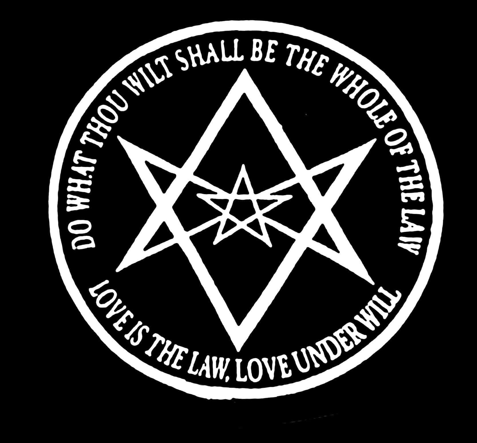 Thelema 桌布 壁紙 — 一個鮮明的黑白圓形標誌，鑽石內有五角星，並帶有文字「Do what thou wilt shall be the whole of the law」和「Love is the law love under will」。