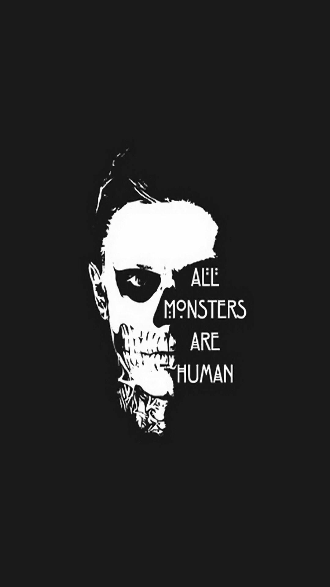 Tate Langdon 桌布 壁紙 — 一個鮮明的黑白圖形，半人半骷髏的臉上覆蓋著「ALL MONSTERS ARE HUMAN」的文字。