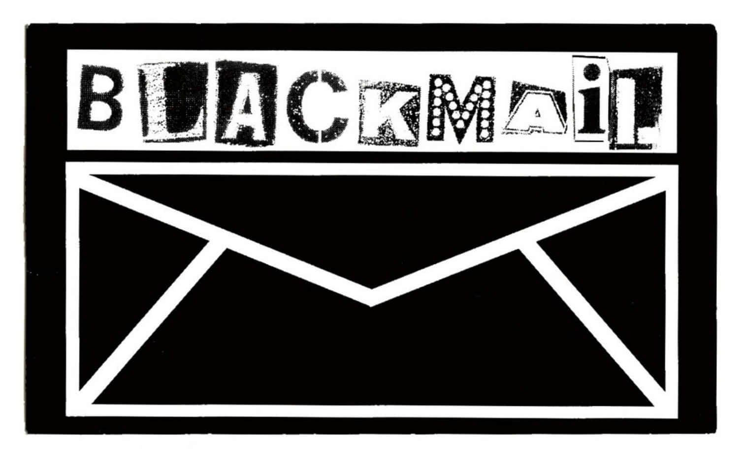 Blackmail 桌布 壁紙 — 一個鮮明的黑白圖形，在粗體白色信封輪廓上方顯示磨損字體的BLACKMAIL字樣。