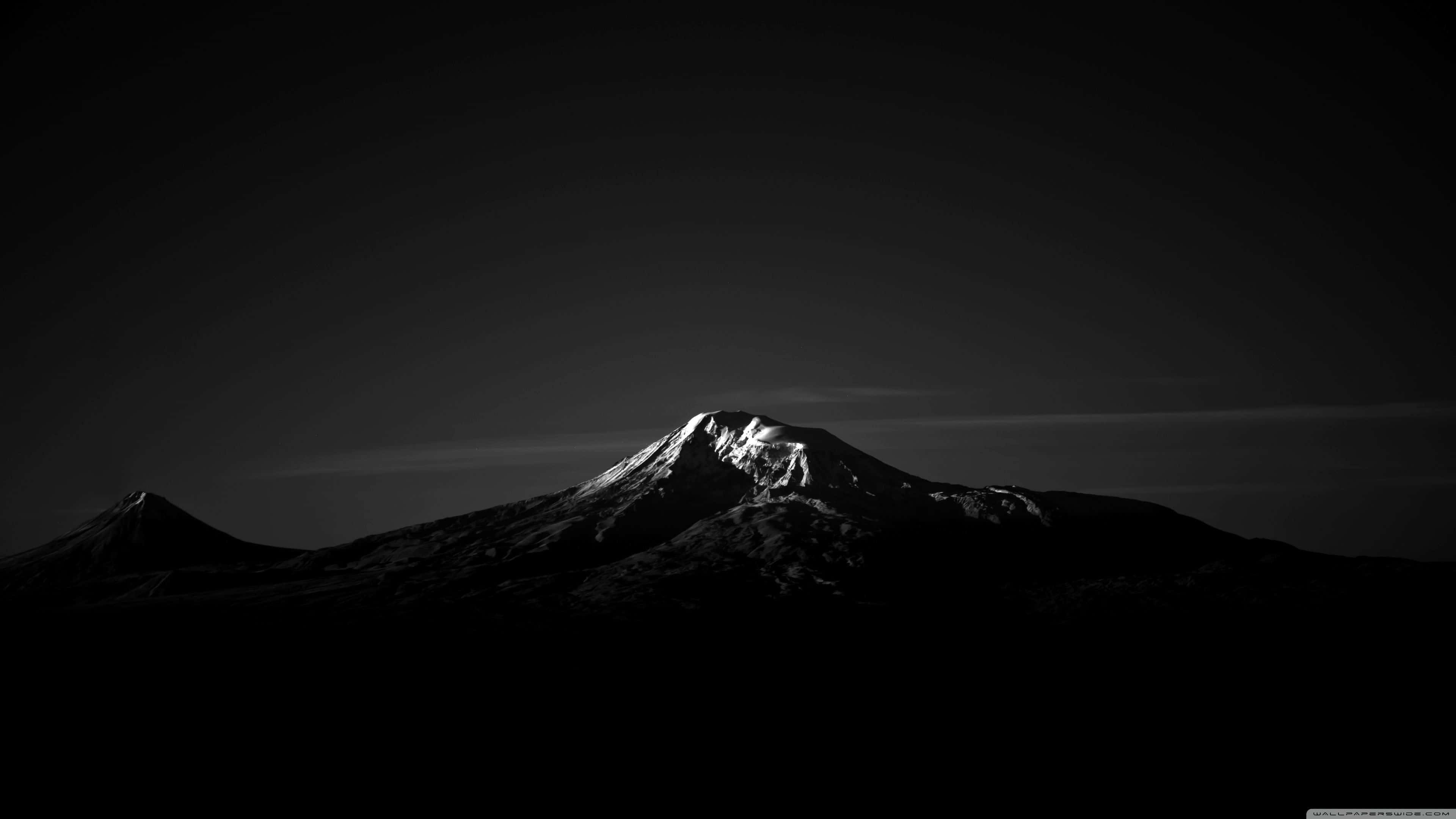 桌布 壁紙 — 一個鮮明的黑白山峰剪影，山頂積雪在深色漸變天空的映襯下閃耀。