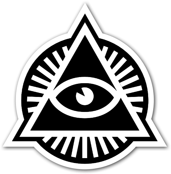 illuminati 桌布 壁紙 — 一個鮮明的黑白徽章，三角形和圓形內有一個全視之眼，散發出光線。