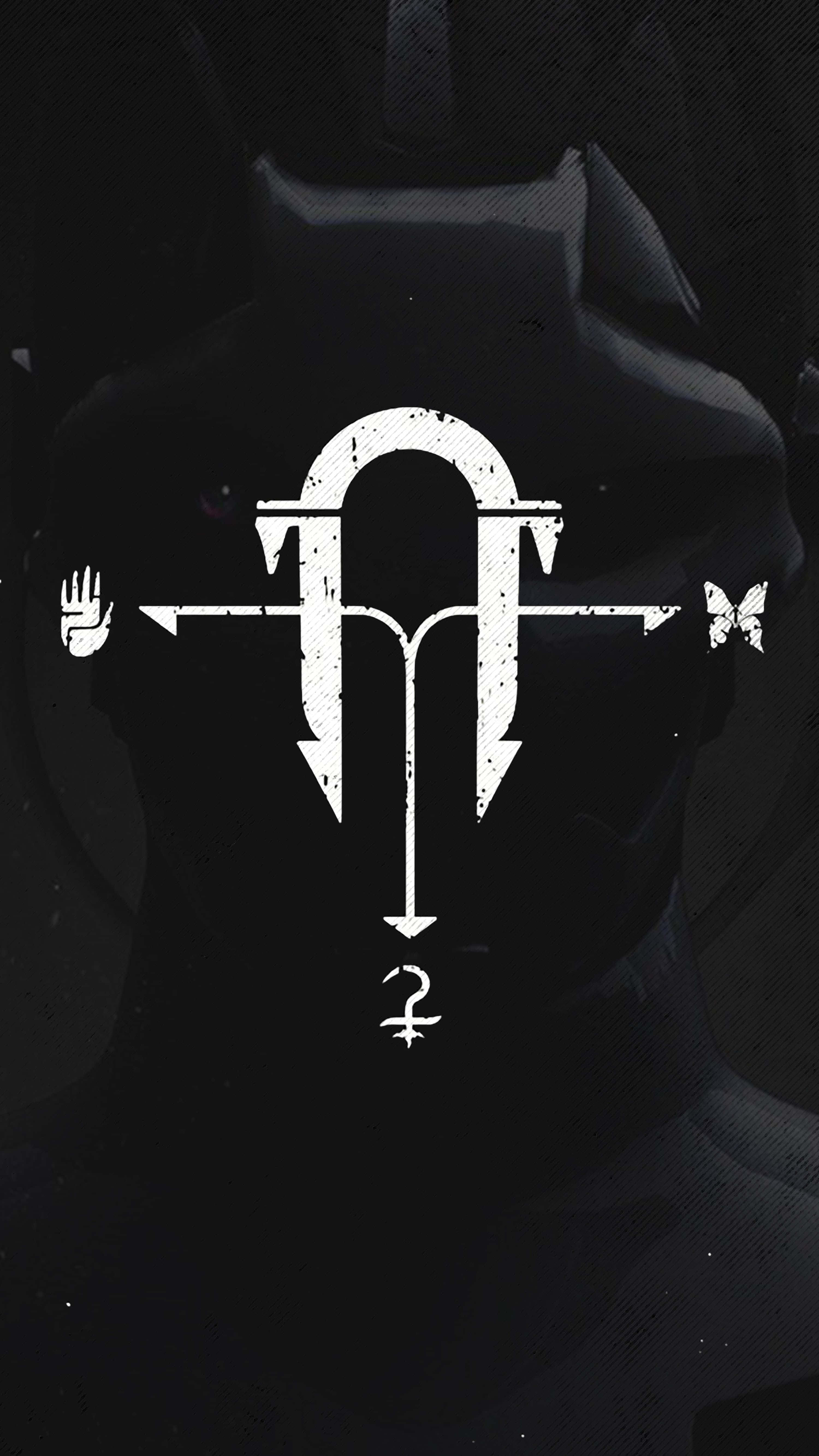 Destiny 2 Phone 桌布 壁紙 — 一個鮮明的黑白抽象符號，包含箭頭、手、蝴蝶和女性符號，背景為陰影人形輪廓。