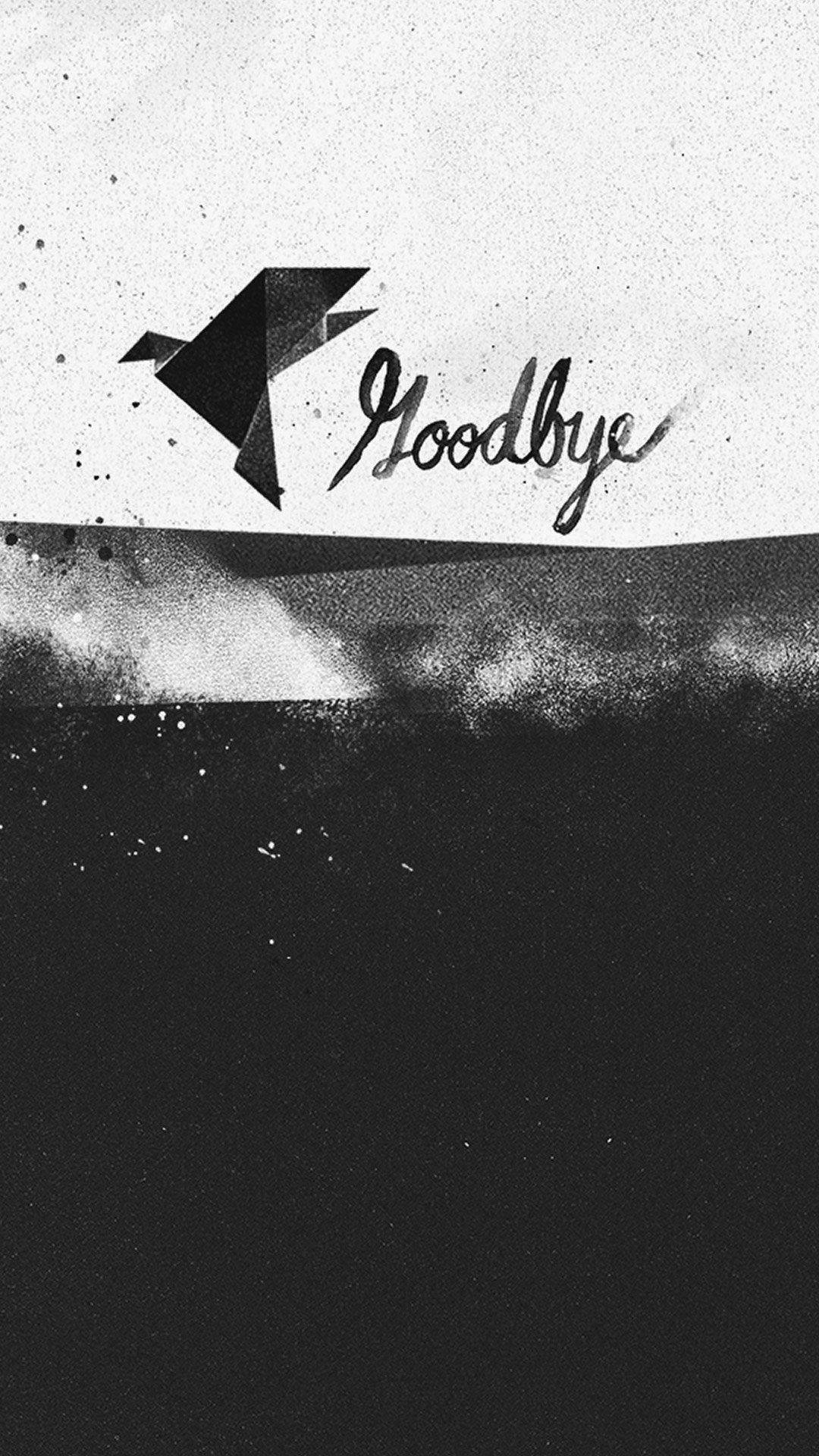 Goodbye 桌布 壁紙 — 一個鮮明的黑白抽象設計，展示了一隻幾何鳥向左飛翔，旁邊是「goodbye」字樣，背景為紋理分割背景。